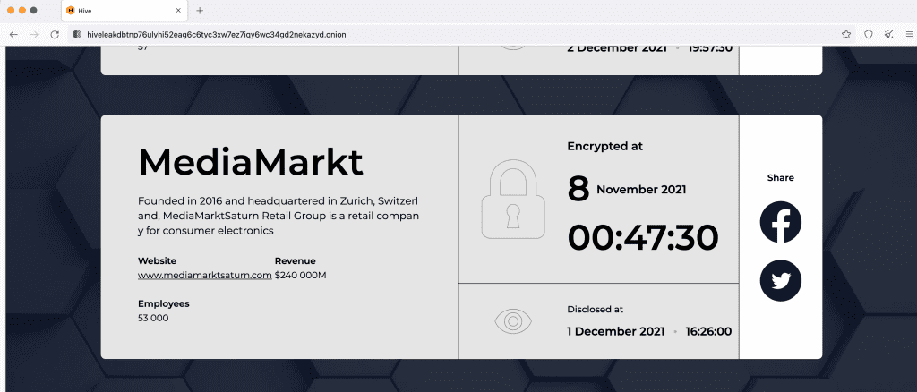 Mediamarkt hack geplubiceerd door Ransomware groep HIVE.